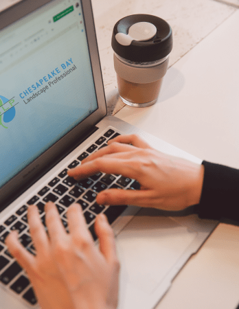 Photo of person tying on laptop computer with CBLP logo on the screen