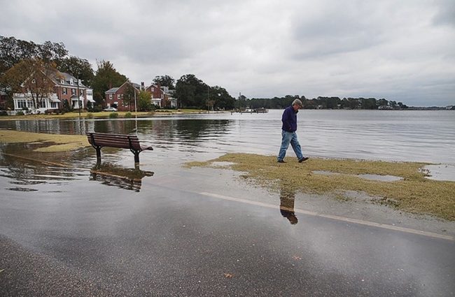 S. Stiles walking on flooded road