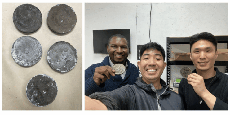 ALT TEXT: In the photo on the left, five dark brown discs are arranged on a flat, white surface. Three of the discs have a whitish crust on the edges. In the photo on the right, three men smile and hold up brown circular discs made from harvested algae. 